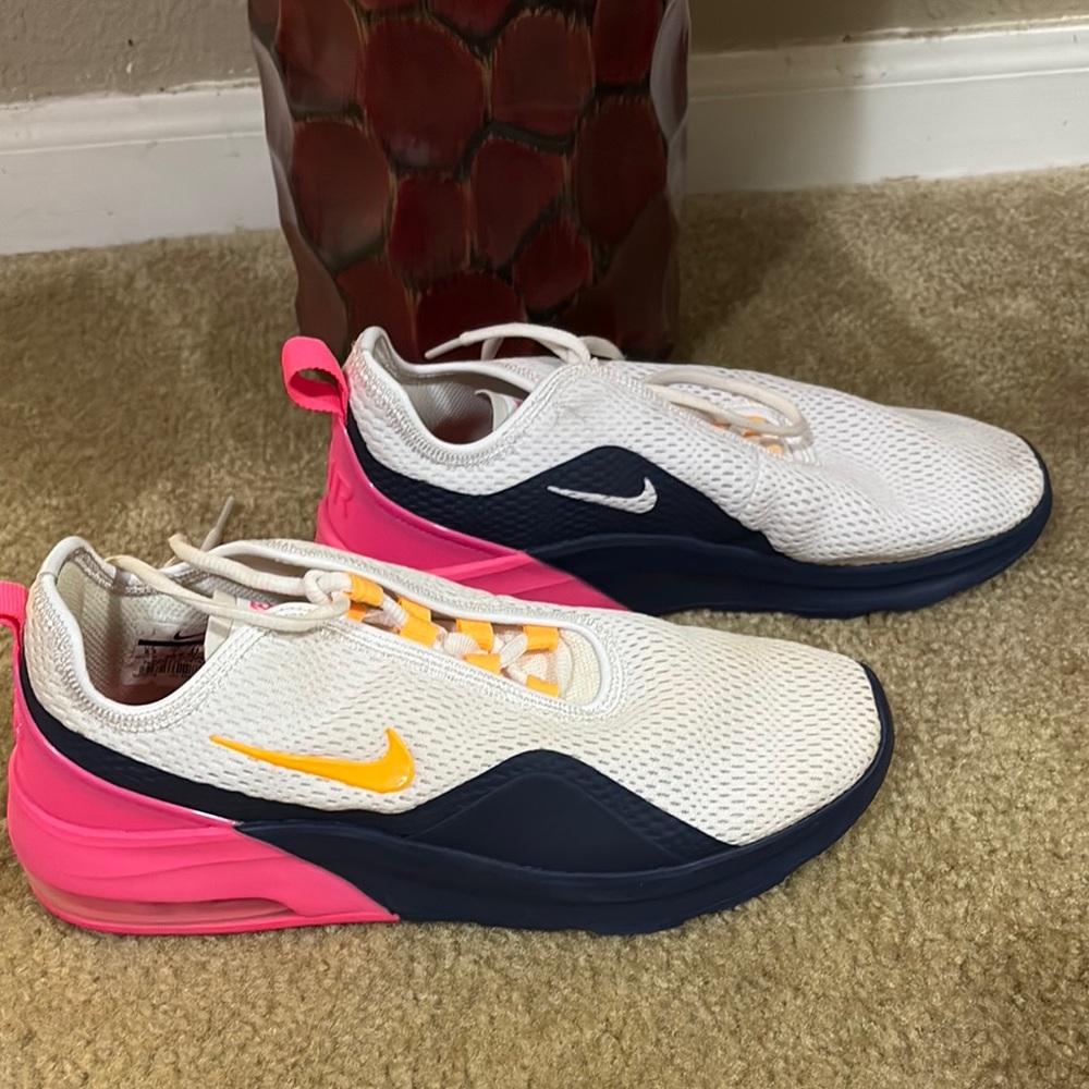 Nike White and Pink Sneakers with Yellow Swoosh